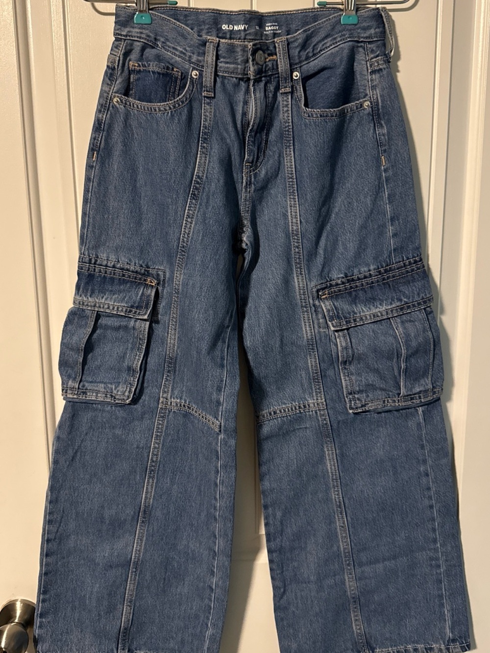 Old Navy Girls Blue Jean Denim Wide-Leg Cargo Jeans Sz 12 Baggy